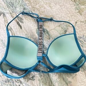 Victoria's Secret Aqua and Teal Rhinestone Racerback Push-Up Bra